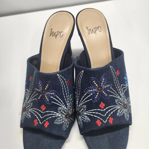 EUC IMPO fun embroidered Blue Slip on heeled mule 9.5 clean worn 1 - Picture 8 of 9